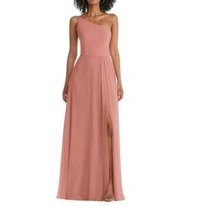 After Six One-Shoulder Chiffon Maxi Dress Gown Front Slit Desert Rose 12 NWT